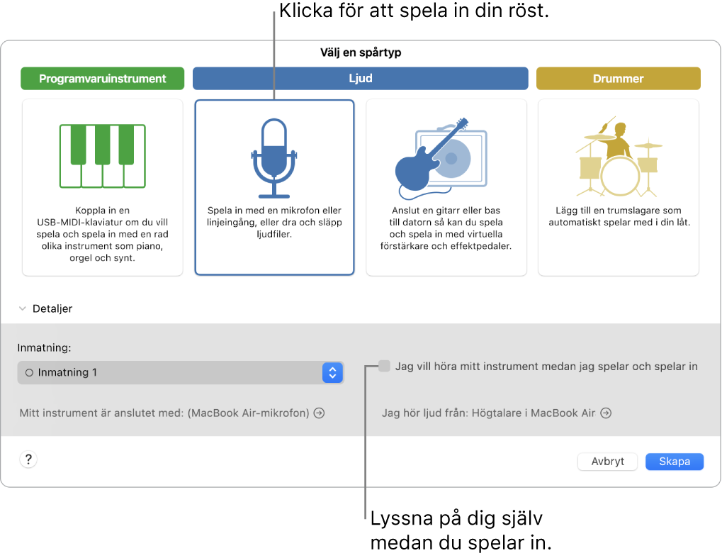 Instrumentpanelen i GarageBand som visar var du ska klicka när du vill spela in en röst och hur du hör dig själv medan du spelar in.