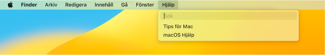 En del av skrivbordet med Hjälp-menyn öppen som visar menyalternativen Sök och macOS Hjälp.