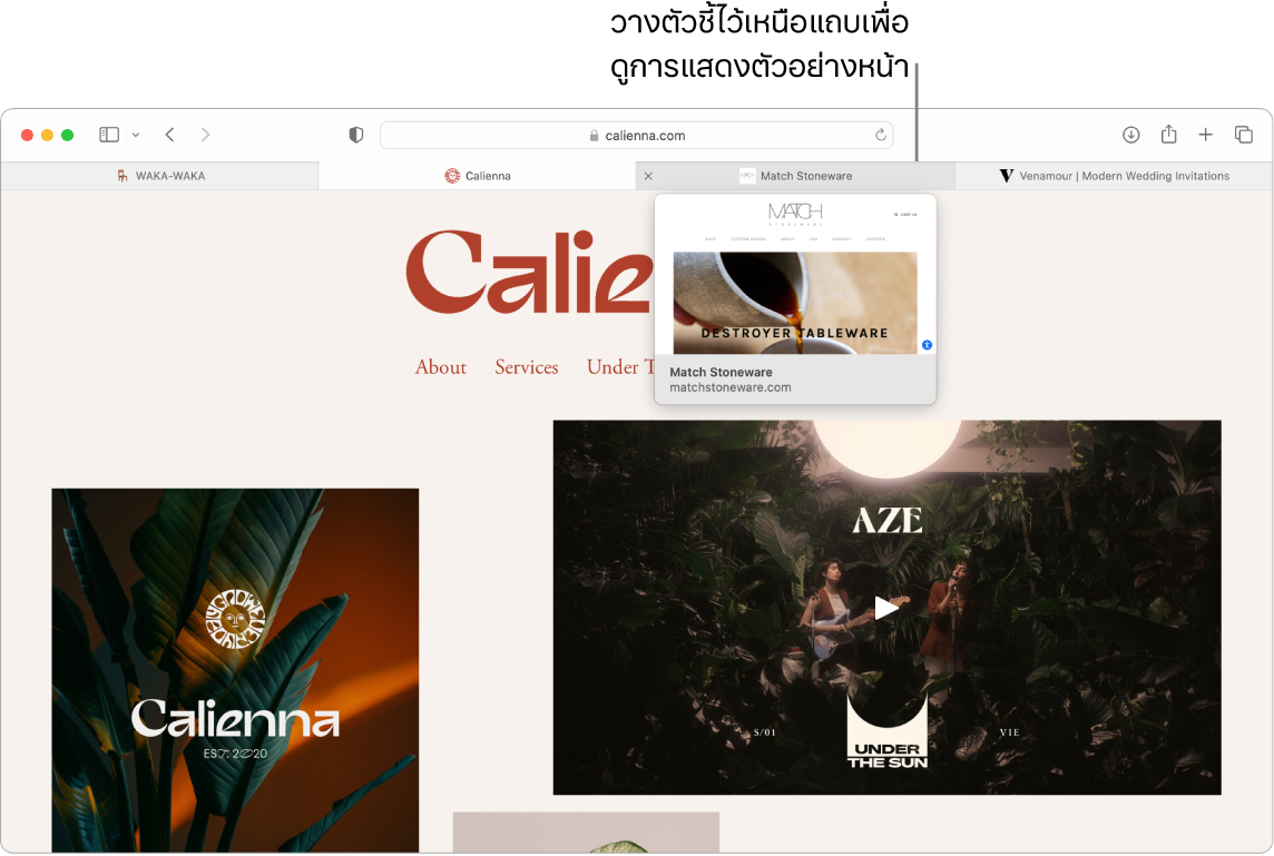 หน้าต่าง Safari ที่มีหน้าเว็บที่ใช้งานอยู่ชื่อว่า Calienna พร้อมกับแถบอื่นๆ อีก 3 แถบ และมีตัวชี้บรรยายไปยังการแสดงตัวอย่างของแถบ Match Stoneware ที่มีข้อความ “วางตัวชี้ไว้เหนือแถบเพื่อดูตัวอย่างหน้าเว็บ”