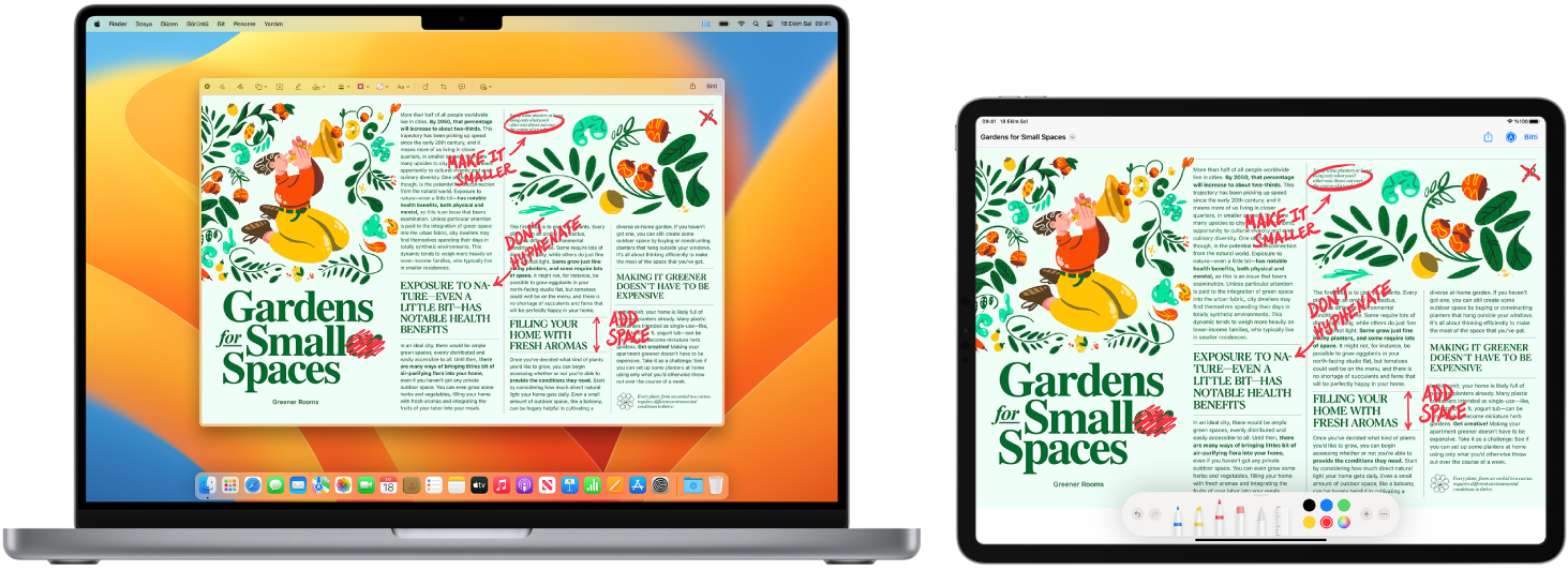 Yan yana bir MacBook Pro ve bir iPad. Her iki ekran da üzeri çizilmiş cümleler, oklar ve eklenmiş sözcükler gibi elle yazılmış kırmızı düzeltmelerle kaplı bir makale görüntülüyor. iPad ekranının en altında da işaretleme denetimleri var.