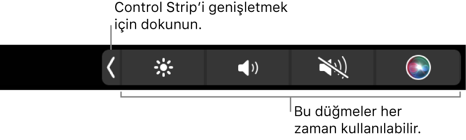 Saptanmış Touch Bar’ın her zaman kullanılabilen düğmelerle birlikte içeriği gizlenmiş Control Strip’i gösteren kısmi ekranı: parlaklık, ses yüksekliği ve sesi kapat. Control Strip’in tamamını göstermek için genişlet düğmesine dokunun.