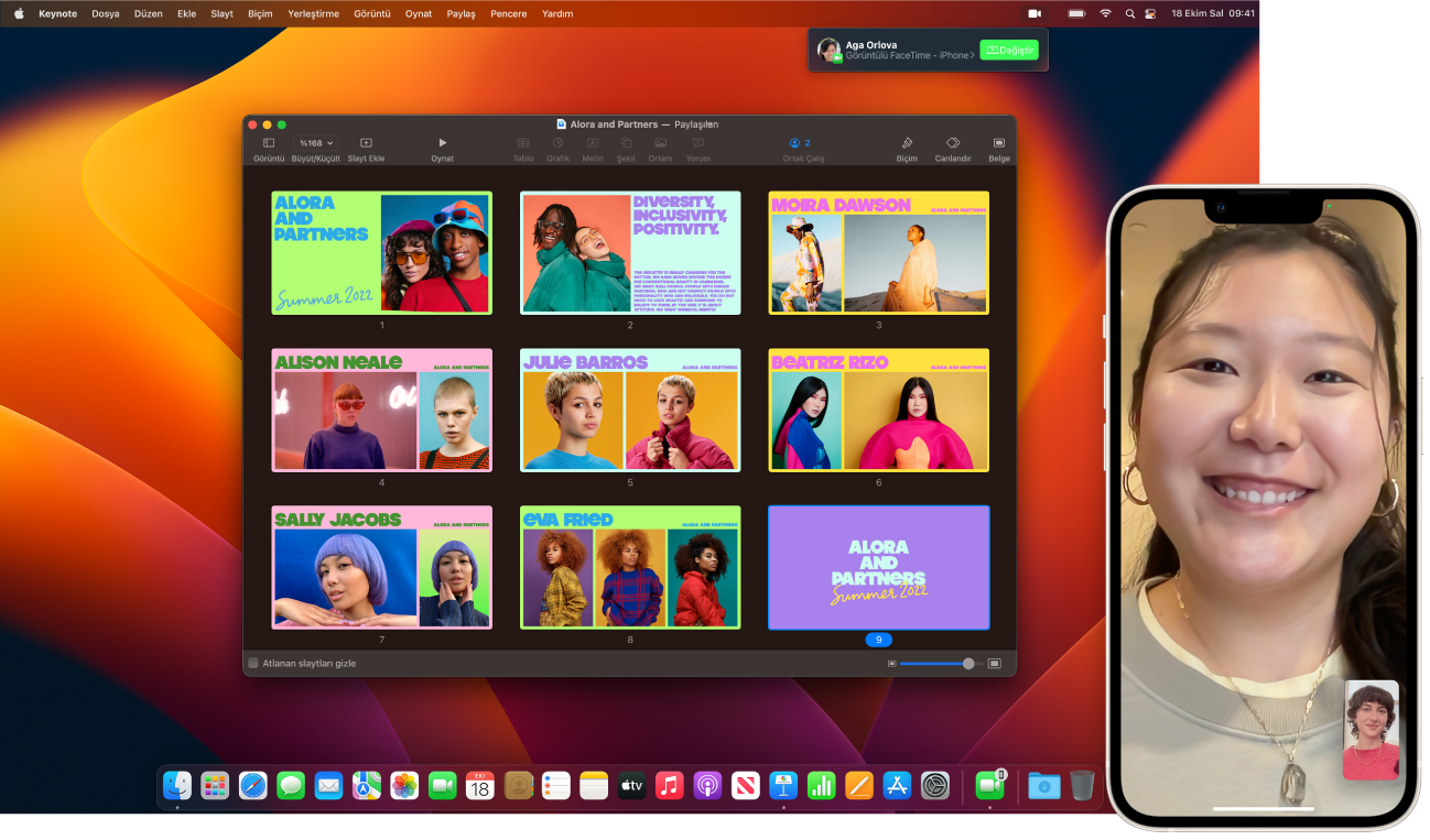 Açık bir Keynote penceresi bulunan Mac masaüstünün yanında bir iPhone’daki FaceTime araması. Mac’in sağ üst köşesinde FaceTime aramasını Mac’e geçirme düğmesi var.