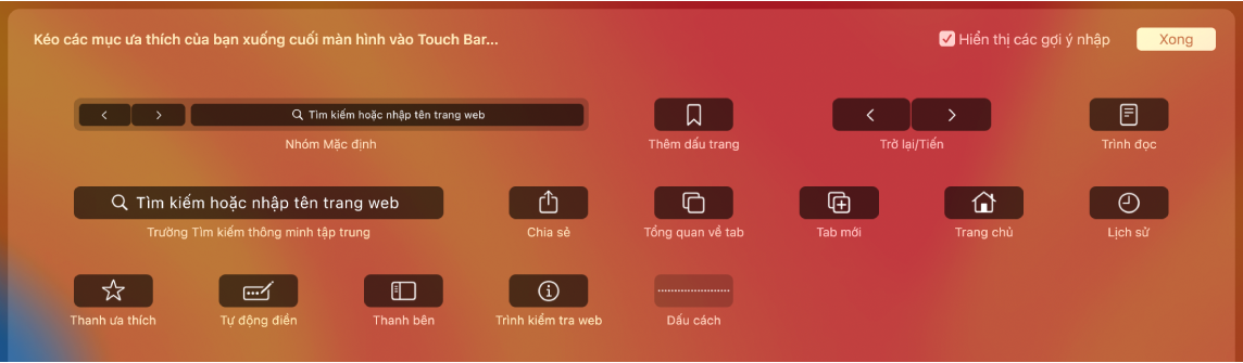 Tùy chọn Tùy chỉnh Safari có thể được kéo vào Touch Bar.
