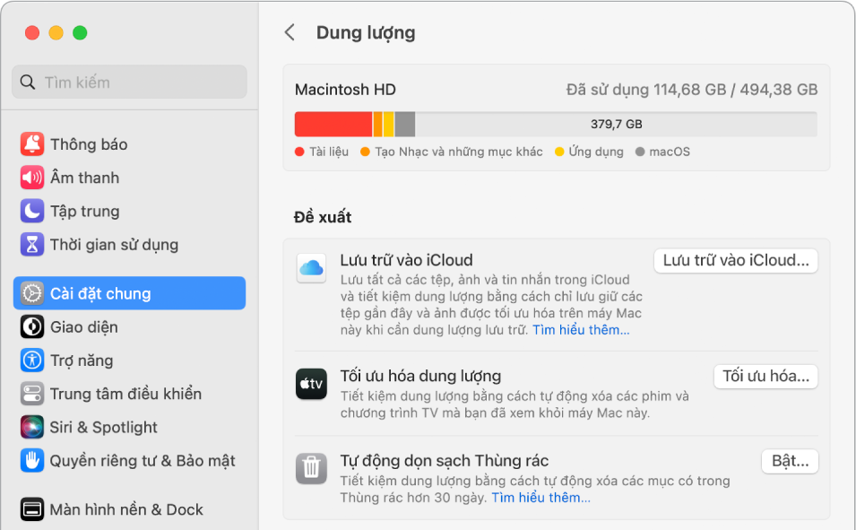 Các cài đặt Đề xuất cho ổ lưu trữ, đang hiển thị các tùy chọn Lưu trữ vào iCloud, Tối ưu hóa dung lượng và Tự động dọn sạch Thùng rác.