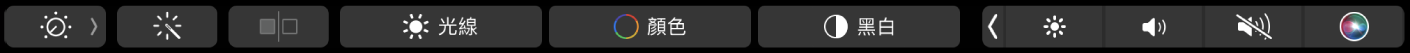 觸控列顯示用於編輯照片、裁切、濾鏡、調整和修飾，以及導覽至更多選項的按鈕。