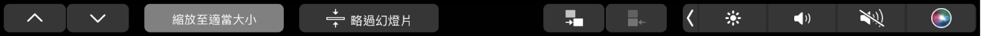 Keynote 觸控列顯示箭頭按鈕、縮放至適當大小按鈕、略過幻燈片按鈕、縮排幻燈片按鈕和減少縮排幻燈片按鈕。