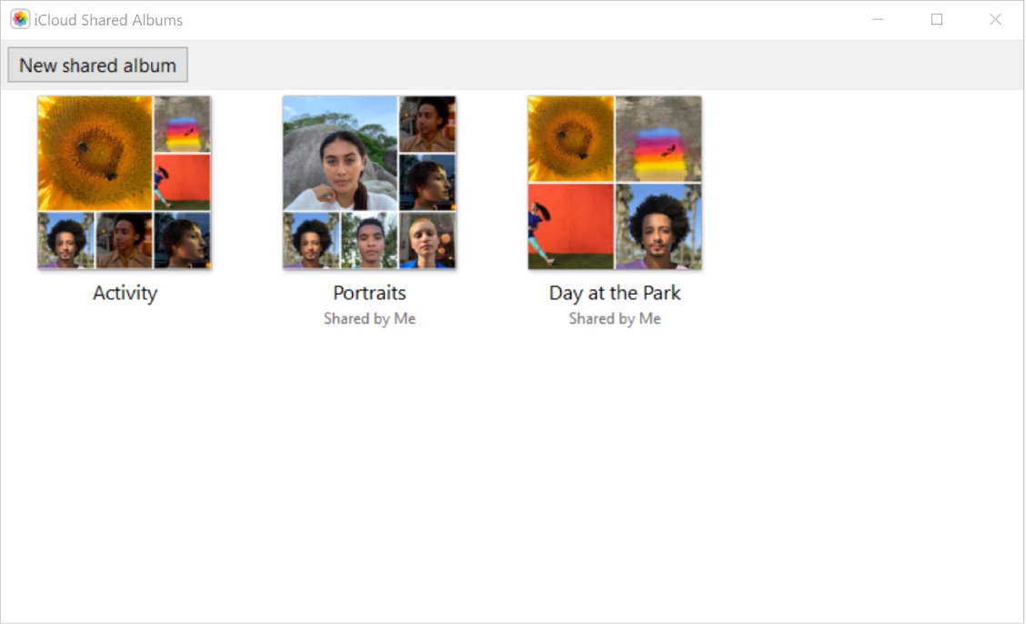 Aplikace Sdílená alba iCloudu ukazující dvě sdílená alba: Portréty a Den v parku.
