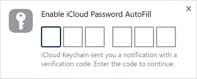 iCloud Passwordsで確認コードを入力するためのダイアログ。
