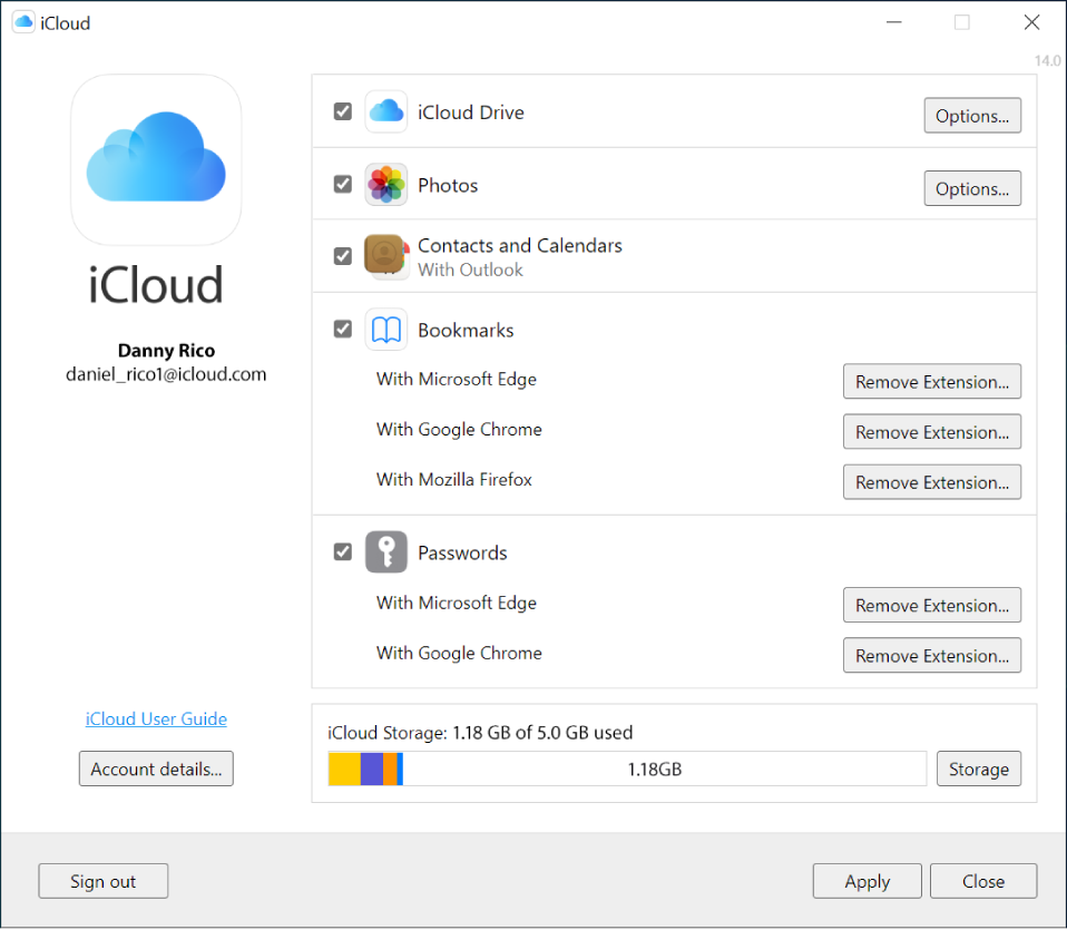 Aplicația iCloud pentru Windows, cu casete de selectare afișate în dreptul funcționalităților iCloud.