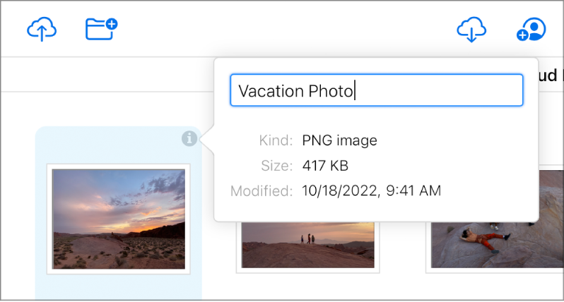 Het deelvenster 'Info' voor een afbeelding opgeslagen in iCloud Drive. De bestandsnaam 'Vacation Photo' is bewerkbaar.