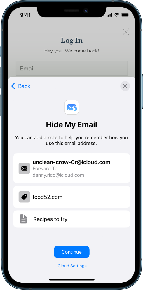 iPhone 上的 Safari 浏览器中的“隐藏邮件地址”屏幕。