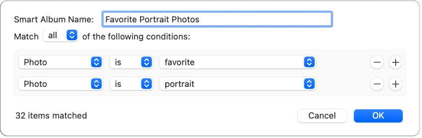 A dialog showing criteria for a Smart Album that collects portrait photos that have been marked as favorites.