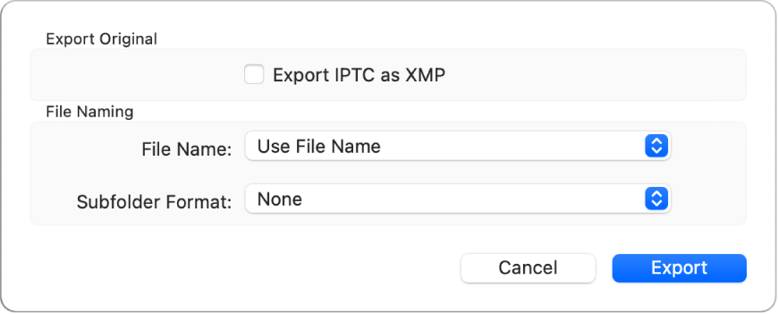 Un diálogo que muestra opciones para exportar archivos de fotos en su formato original.