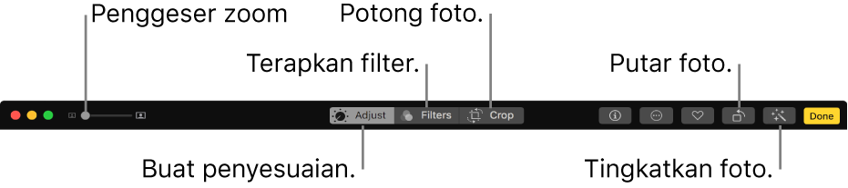 Bar alat Edit menampilkan penggeser Zoom dan tombol untuk membuat penyesuaian, menambahkan filter, memotong foto, memutar foto, dan meningkatkan foto.