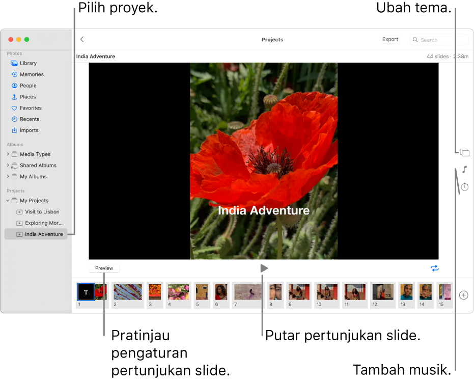 Membuat pertunjukan slide di Foto di Mac - Apple Support (ID)
