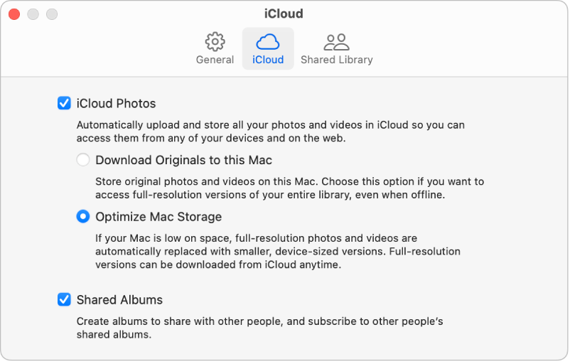 Painel iCloud dos ajustes do app Fotos.