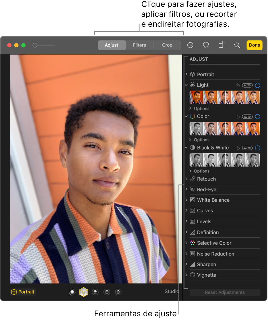 Uma fotografia na vista de edição, com a opção Ajustar selecionada na barra de ferramentas e as ferramentas de ajuste do lado direito.