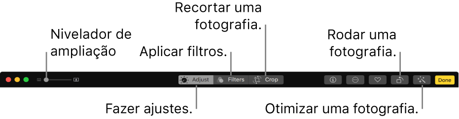 A barra de ferramentas de edição a mostrar o nivelador de ampliação e os botões para efetuar ajustes, adicionar filtros, recortar fotografias, rodar fotografias e melhorar fotografias.