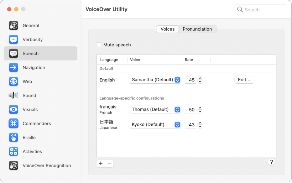 The Voices pane of the Speech category in VoiceOver Utility showing voice settings for English, French, and Japanese languages.