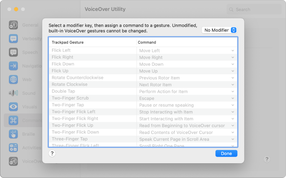 Liste des gestes VoiceOver et des commandes correspondantes affichée dans le commandeur trackpad d’Utilitaire VoiceOver.