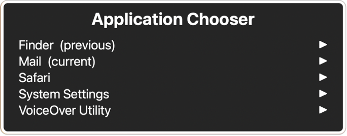 Izbornik aplikacija s pet otvorenih aplikacija, uključujući Finder i Postavke sustava. S desne strane svake stavke u popisu nalazi se strelica.