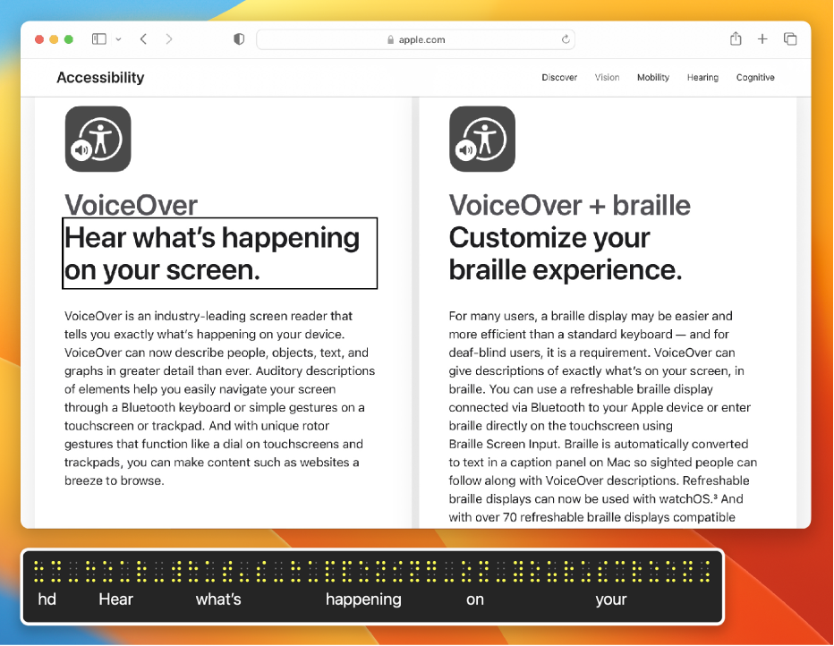 Bảng braille đang hiển thị nội dung trong con trỏ VoiceOver trên trang web. Bảng braille hiển thị dấu chấm braille màu vàng được mô phỏng, với văn bản tương ứng bên dưới dấu chấm.