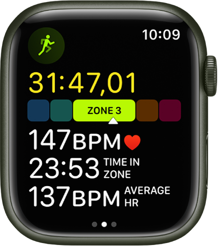 Приложението Workout (Тренировка), показващо Outdoor Run (Бягане на открито) в процес. На екрана има списък с аналитични данни. В списъка са отминало време, Heart Rate Zone (Зона на сърдечен ритъм), сърдечен ритъм, време в зоната и среден сърдечен ритъм.
