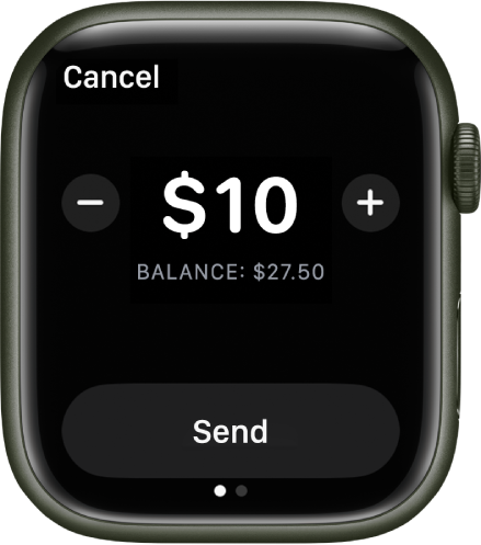 Екран за съобщения, показващ, че се подготвя плащане с Apple Cash (Apple пари в брой). Стойност на долар е горе вдясно. Отдолу е текущият баланс, а бутонът Send (Изпращане) е в долния край.