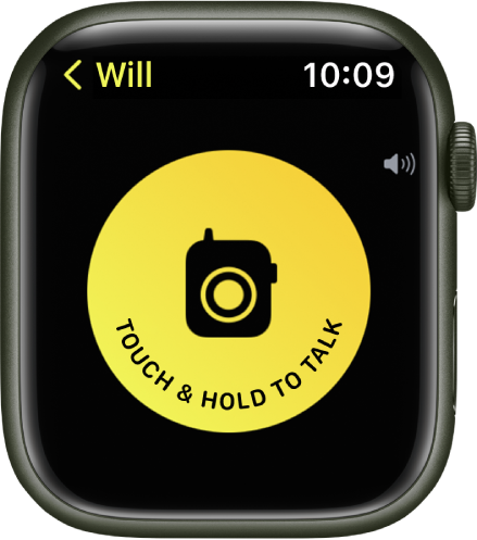 Екран на Walkie-Talkie (Радиостанция), показващ голям бутон Talk (Говори) в средата. Бутонът Talk (Говори) гласи „Touch & Hold To Talk“ („Докосни и задръж, за да говориш“).