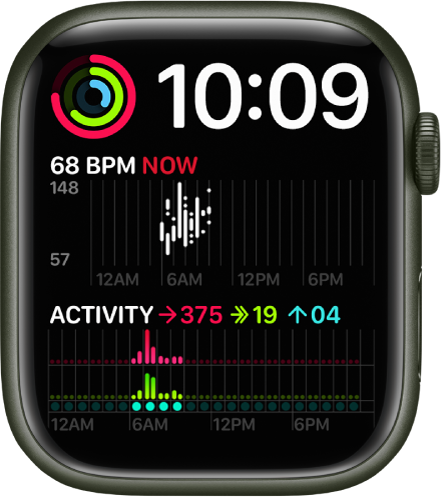 Циферблатът Modular Duo (Модулно дуо), показващ цифров часовник горе вдясно, добавка Activity (Активност) горе вляво, добавка Heart Rate (Сърдечен ритъм) в средата и добавката Activity (Активност) в долния край.