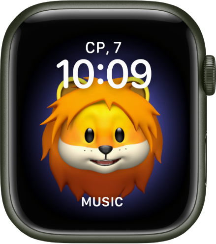 Циферблатът Memoji, където можете да настроите Memoji герой и добавка отдолу. Докоснете екрана, за да раздвижите героя Memoji. Датата и часът са горе, а добавката Music (Музика) е в долния край.