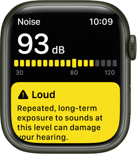 Известие на Noise (Шум) за ниво на звука от 93 децибела. Отдолу се появява предупреждение относно дългосрочното излагане на такова ниво на шума.
