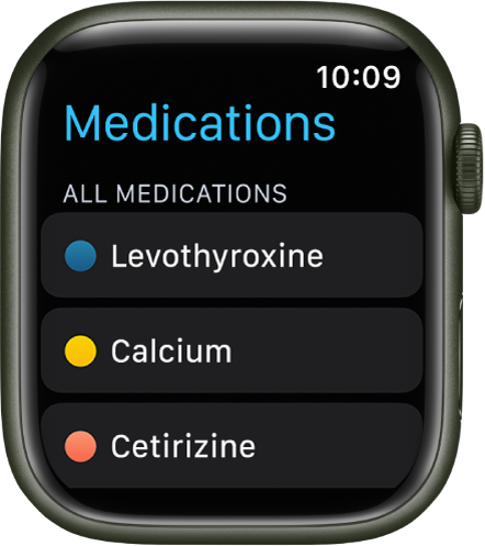 Приложението Medications (Медикаменти), в което е показан списък с медикаменти.
