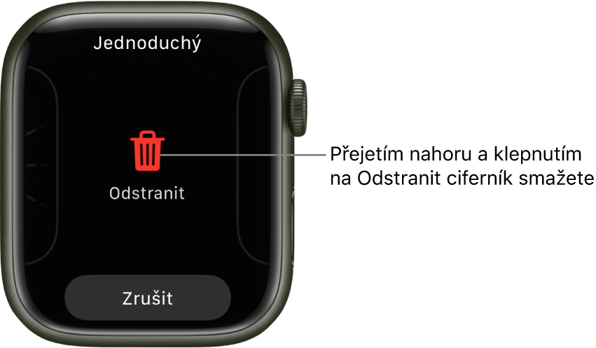 Obrazovka hodinek Apple Watch s tlačítky Odstranit a Zrušit, která se zobrazí potom, co přejedete na některý ciferník a pak přes něj přejedete nahoru, abyste ho smazali.