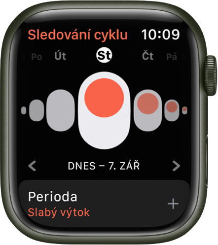 Apple Watch s obrazovkou aplikace Sledování cyklu.