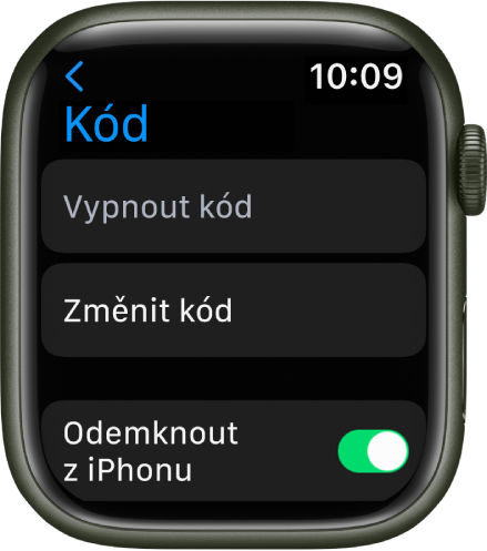 Nastavení přístupového kódu na Apple Watch s tlačítkem „Vypnout kód“ nahoře, tlačítkem „Změnit kód“ pod ním a přepínačem „Odemykat z iPhonu“ dole