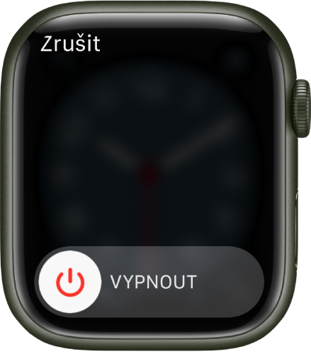 Obrazovka Apple Watch s jezdcem Vypnout. Přetažením jezdce hodinky Apple Watch vypnete.