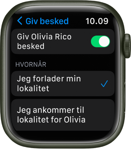 Skærmen Underret i appen Find personer. “Når jeg forlader min lokalitet” er valgt.