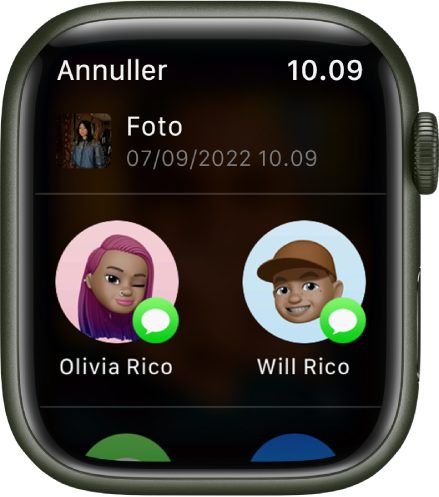 Skærmen Deling i appen Fotos. Det delte foto er øverst på skærmen, og nedenunder er der to mulige modtagere.