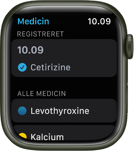 Appen Medicin, der viser en liste over registrerede medikamenter.