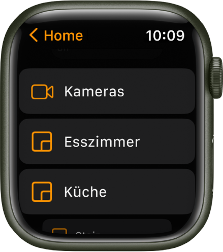 Die App „Home“ mit einer Raumliste, die Kameras und zwei Räume umfasst.