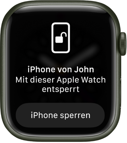Display der Apple Watch mit der Nachricht „Christians iPhone von dieser Apple Watch entsperrt“ Darunter ist die Taste „iPhone sperren“ zu sehen.