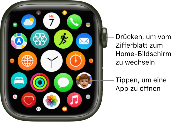 Home-Bildschirm in der Rasterdarstellung auf der Apple Watch mit Apps in einer Gruppe. Tippe auf eine App, um sie zu öffnen. Bewege den Finger, um weitere Apps anzuzeigen.