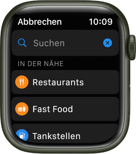 Die App „Karten“ mit dem Suchfeld oben auf dem Display. Unter „In der Nähe“ befinden sich Tasten für COVID-19-Impfungen, Restaurants und Fast Food.