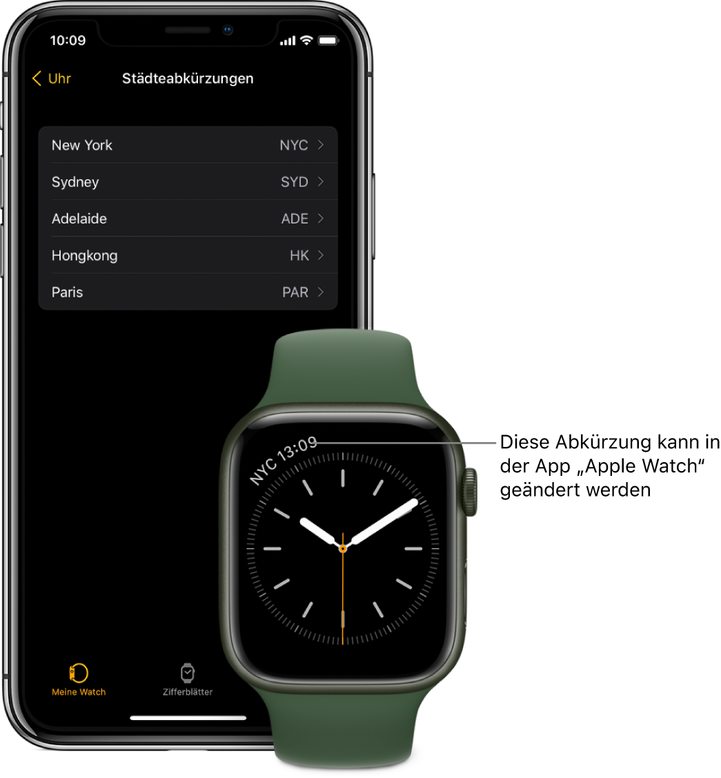 Ein iPhone neben einer Apple Watch. Das Apple Watch-Display zeigt die Uhrzeit in New York und verwendet dabei die Abkürzung NYC. Der iPhone-Bildschirm zeigt eine Liste der Städte in der Einstellung „Städteabkürzungen“ in den Einstellungen für „Uhr“ in der Apple Watch-App.