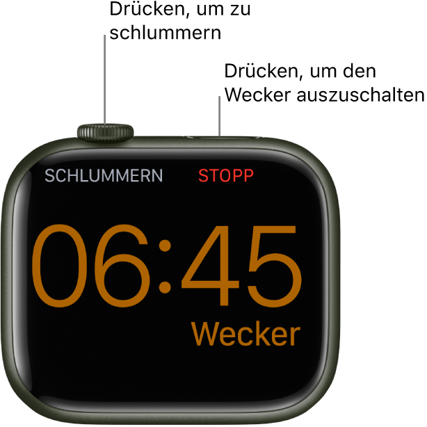 Eine auf der Seite liegende Apple Watch mit einem klingelnden Wecker. Unter der Digital Crown befindet sich das Wort „Schlummern“. Unter der Seitentaste ist das Wort „Stopp“ zu sehen.