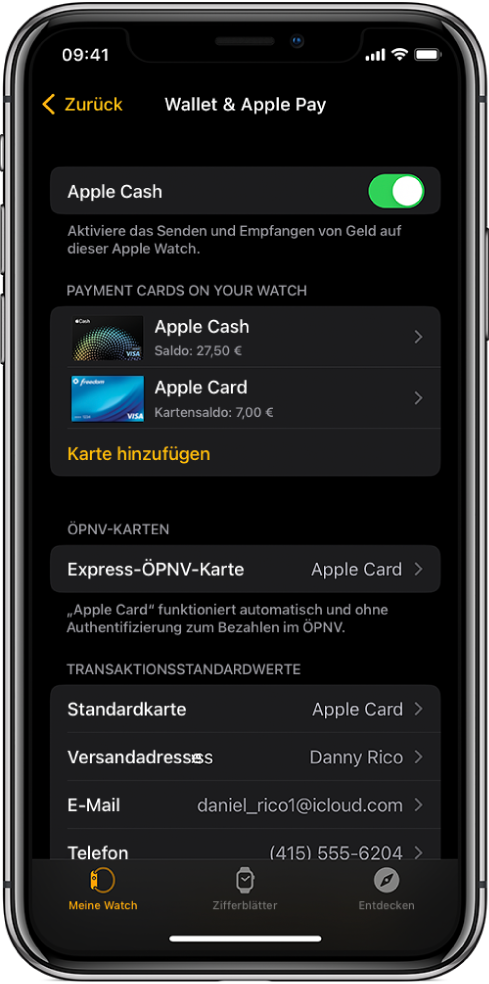 Bildschirm „Wallet & Apple Pay“ in der Apple Watch-App auf dem iPhone. Es werden die Karten angezeigt, die du zur Apple Watch hinzugefügt hast, sowie die Express-ÖPNV-Karten und die Standardeinstellungen für Transaktionen.