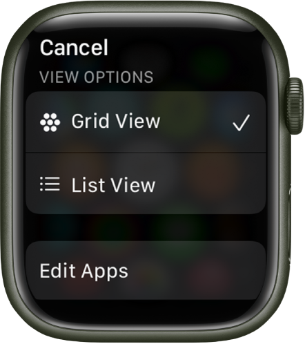 The View Options screen showing Grid View and List View buttons. The Edit Apps button is at the bottom of the screen.