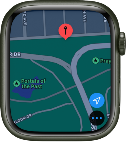 The Maps app shows a map with a red pin placed on it, which can be used to get the approximate address of a spot on the map, or as a destination for directions.