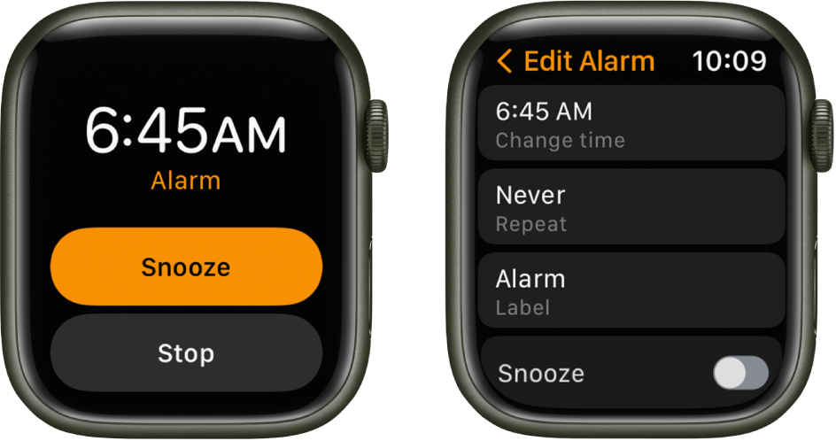 Two watch screens: One shows a watch face with Snooze and Stop buttons, and the other shows the Edit Alarm settings, with Change time, Repeat, and Label buttons below. A Snooze switch is at the bottom. The Snooze switch is turned off.